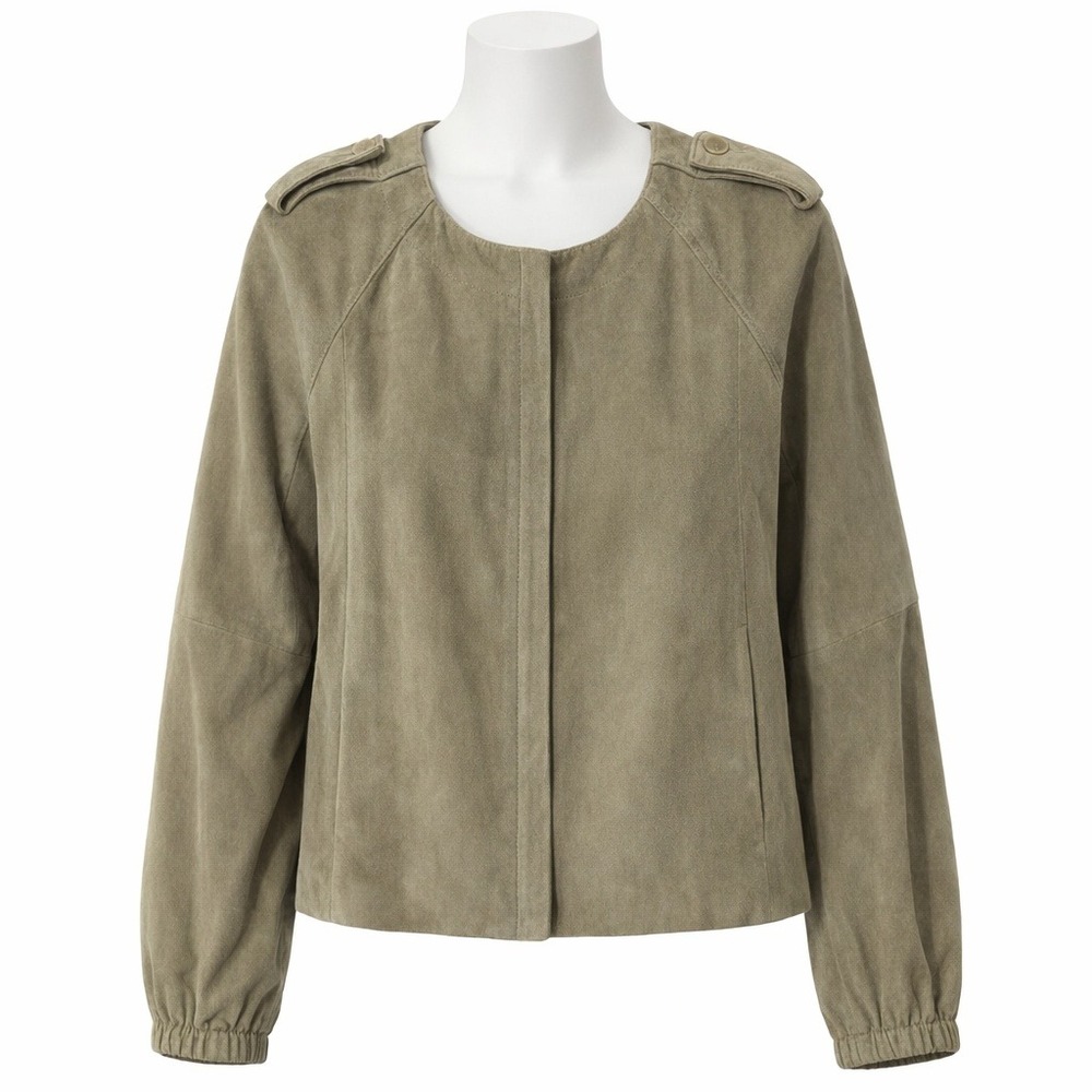 Talbots Petite Suede Jacket Beige Zip Front Collarless Women's 16P‎